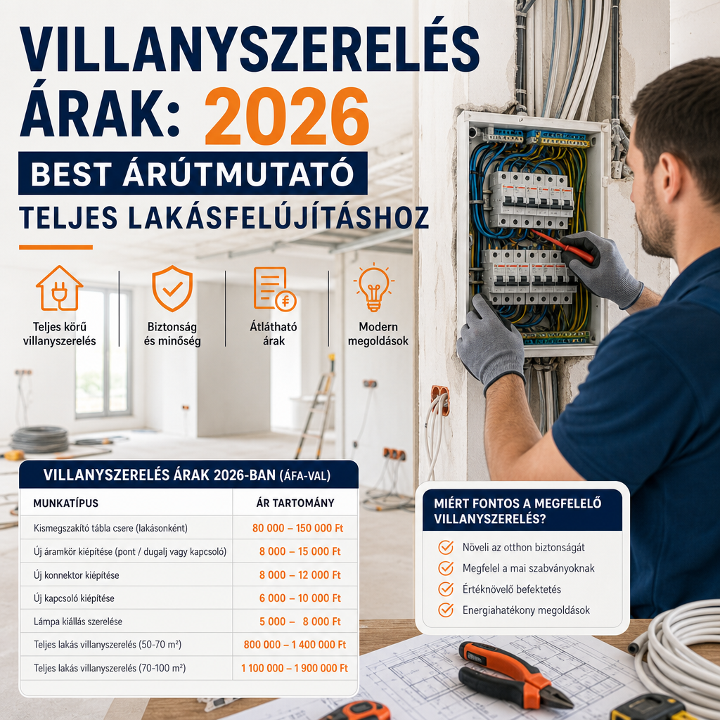 villanyszerelés árak illustration for Villanyszerelés Áraks: 2026 Best Árútmutató Teljes Lakásfelújításhoz